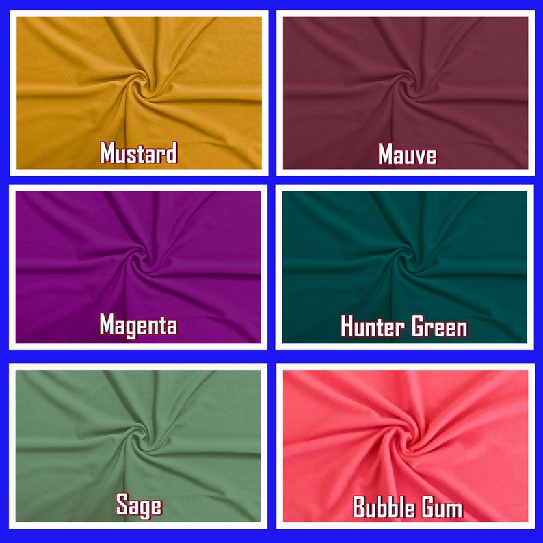 May include: A collection of fabric swatches in various colors, including mustard, mauve, magenta, hunter green, sage, and bubble gum. Each swatch is labeled with its respective color name in a white, bold font.