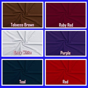 May include: A collection of fabric swatches in various colors, including Tobacco Brown, Ruby Red, Snow White, Purple, Teal, and Red. Each swatch is displayed with its color name in a white, stylized font.