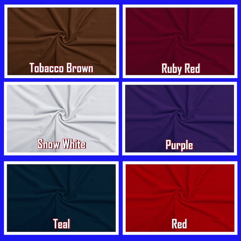 May include: A collection of fabric swatches in various colors, including Tobacco Brown, Ruby Red, Snow White, Purple, Teal, and Red. Each swatch is displayed with its color name in a white, stylized font.