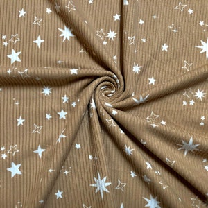 Sand White Stars Poly Rayon Spandex Rib 2X2 Print Fabric