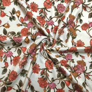 DTY Brushed Fabric-Ivory Red Pink Flowers-DTYBPR470-Sold by the Yard-Jersey Fabric