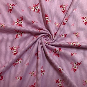 Pink Red White Brown Flowers Rayon Spandex Rib 2X2 Print Fabric