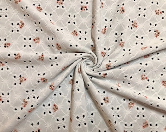White Vintage Rosebud Lattice DTY Eyelet Knit Fabric by the Yard