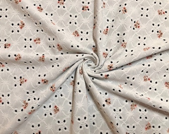 Ivory Pink Orange 1/2" Flowers DTY Double Brushed Eyelet Jersey Print Fabric