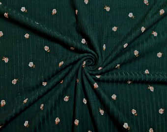 Forest Green Rosebud Floral Rib Knit Fabric by the Yard
