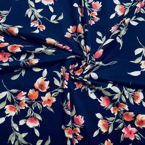 DTY Brushed Fabric-Navy Blau Orange Pink Winter Blumen-DTYBPR254-Wird lose auf Lager verkauft-Jersey Stoff