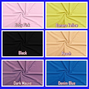 May include: A fabric swatch display featuring six different colors: baby pink, banana yellow, black, peach, dark mauve, and denim blue. Each swatch is swirled and labeled with its respective color name in a white font.