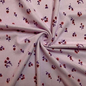 Pink Purple Maroon 1/4&quot; Roses Poly Rayon Spandex Rib 2X2 Print Fabric