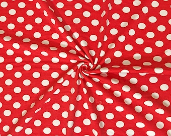 綿98％／スパンデックス2％生地 – クラシックな赤と白の水玉模様 | 幅56インチ – 1ヤード単位
