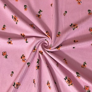 Pink 5/8&quot; Orange Green Flowers Rayon Spandex Rib 2X2 Print Fabric