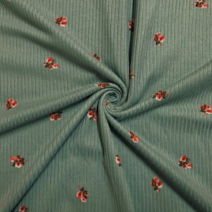 Sage Green Red Pink 1/2&quot; Flowers Poly Rayon Spandex Rib 2X2 Print Fabric