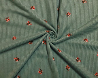 Sage Green/Red Ditsy Floral Rib Knit Fabric by the Yard