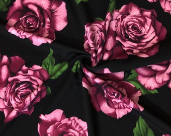 Black/Mauve & Green Antique Rose Bouquet Liverpool Knit Fabric by the Yard