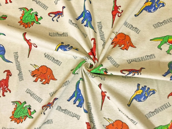 Vanilla Multicolor Dinosaur Names 100% Cotton Jersey Knit Fabric by the Yard