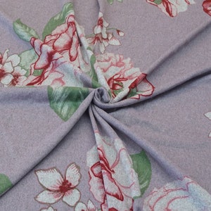 Hacci Sweater Knit Printed Fabric-Lavender Green Red Flowers-HPR011-Sold by the Yard-Sweater Fabric