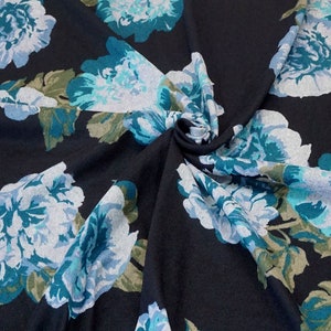 Hacci Sweater Print Fabric-Black Green Teal Gray Flowers-HSPR003-Sold by the Yard-Sweater Fabric