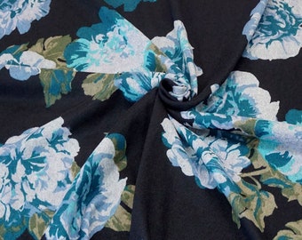 Hacci Sweater Print Fabric-Black Green Teal Gray Flowers-HSPR003-Sold by the Yard-Sweater Fabric