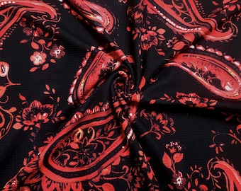 Black/Red Paisley Floral Textured Bullet Knit Fabric by the Yard