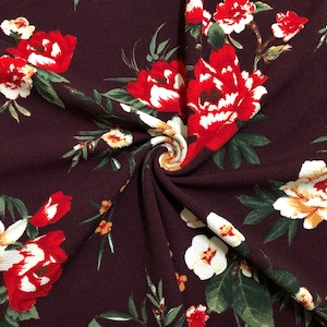 Liverpool Knit Printed Fabric-Maroon Red Mustard Flowers-LVPR307-Sold by the Yard-Apparel Fabric