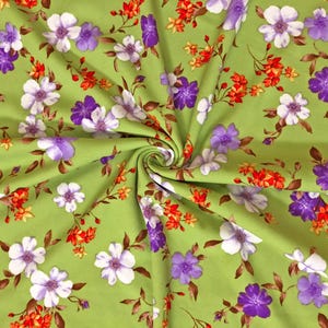 Techno Crepe Printed Fabric| Sage White Purple Flowers|TCRP092 |Sold by the Yard