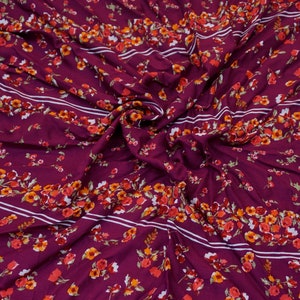 Burgundy Maroon Red Green White Flowers Rayon Challis Print Fabric
