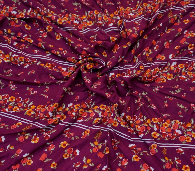 Burgundy Maroon Red Green White Flowers Rayon Challis Print Fabric