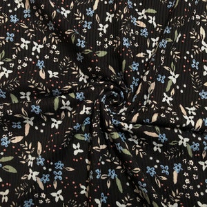 Black Turquoise Sand Green Flowers and Leaves Rayon Spandex Rib 2X2 Print Fabric