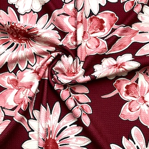 Bullet Printed Fabric-Burgundy Red White Flowers-BPR093-Sold by the Yard