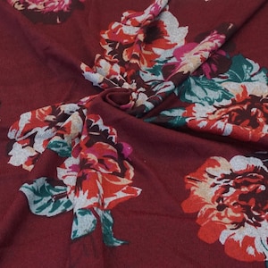 Hacci Sweater Knit Printed Fabric-Burgundy Gray Mustard Green Flowers-HPR013-Sold by the Yard-Sweater Fabric