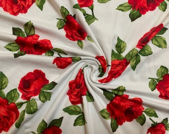 Tessuto a maglia spazzolata DTY con bouquet di rose rosse e bianche, classico, tagliato su misura.