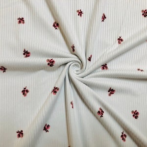 Ivory Pink Maroon 1/2&quot; Flowers Poly Rayon Spandex Rib 2X2 Print Fabric