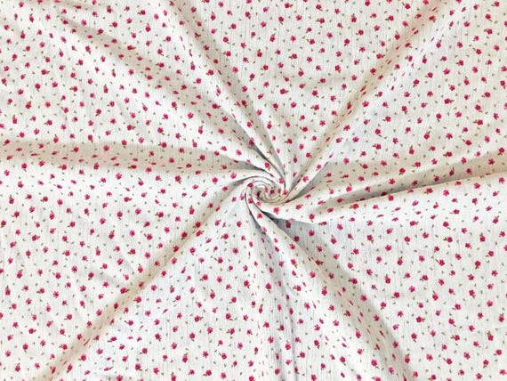 White Red Ditsy Floral Rayon Crinkle Fabric by the Yard, 56" Wide