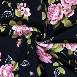 Liverpool Knit Printed Fabric-Black Lavender Olive Roses Bouquet-LVPR336-Sold by the Yard-Apparel Fabric