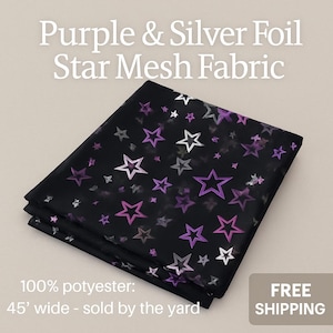 Purple & Silver Foil Star Mesh Fabric – Sheer Black Tulle, Celestial Costume Fabric by the Yard, 45” Wide, Perfect for Halloween Custom