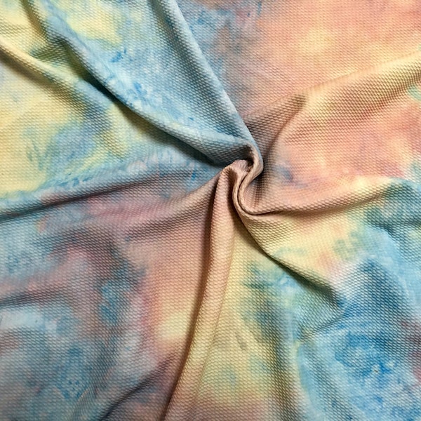 Poly-Spandex Light Sky Blue Yellow Coral Distorted Tie Dye Bullet Knit Printed Fabric-Sold by the Yard