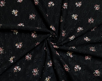 Midnight Rosebud Lattice DTY Eyelet Knit Fabric by the Yard
