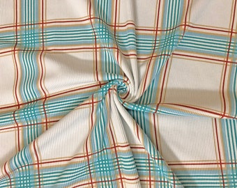 Ivory/Teal/Blue/Taupe Plaid Rib Knit Fabric by the Yard