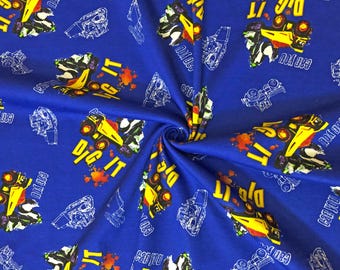 Royal Blue Construction Trucks 100% Cotton Jersey Knit Fabric by the Yard