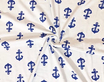 White/Navy Nautical Anchors 100% Cotton Jersey Fabric by the Yard