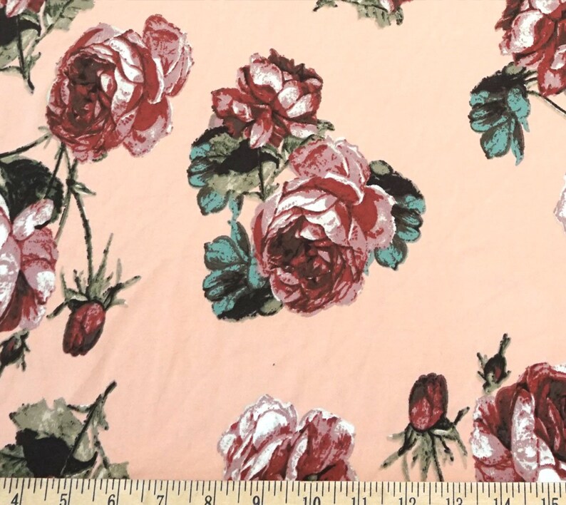 4 Way Stretch DTY Double Sided Brushed Pink Green Red Roses Fabric