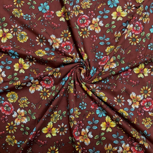 Rust Red Yellow Blue Water Colored Spring Flowers DTY Double Brushed Jersey Print Fabric