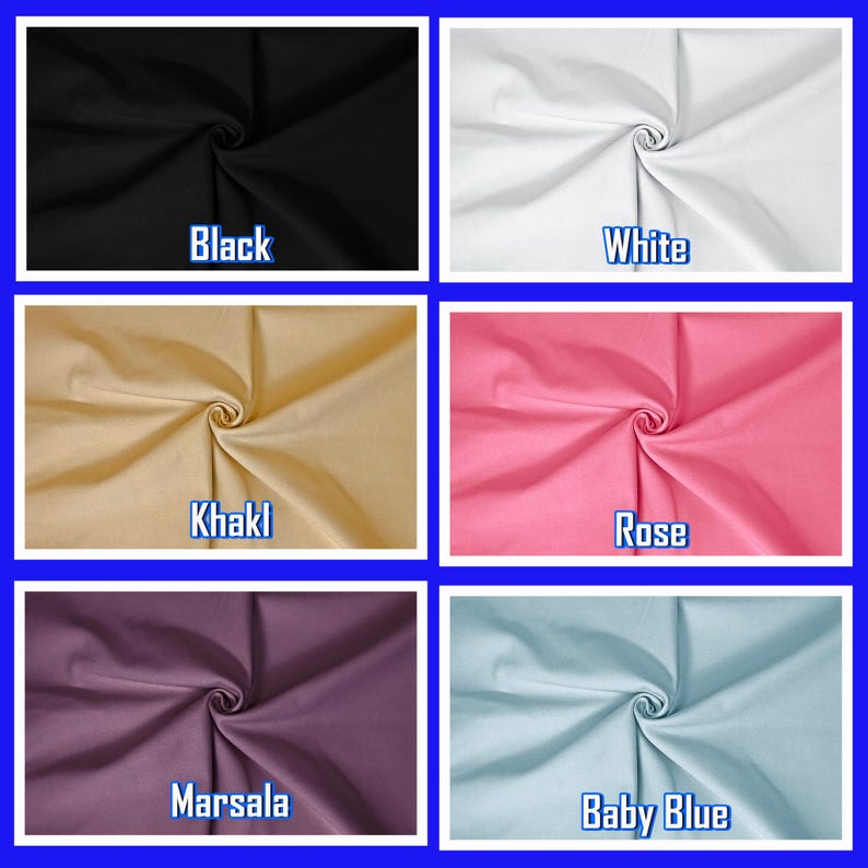 Op de afbeelding: Zes stofstalen in verschillende kleuren: zwart, wit, kaki, roze, marsala en babyblauw. Elke staal is op dezelfde manier gevouwen, waardoor een zachte, vloeiende uitstraling ontstaat.