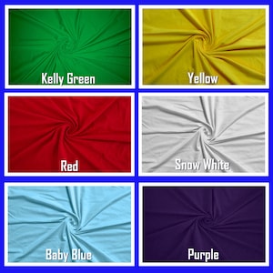 May include: A collage of six fabric swatches in different colors: Kelly Green, Yellow, Red, Snow White, Baby Blue, and Purple. Each swatch is a close-up of a fabric with a swirling pattern.