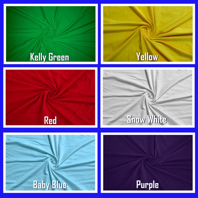 May include: A collage of six fabric swatches in different colors: Kelly Green, Yellow, Red, Snow White, Baby Blue, and Purple. Each swatch is a close-up of a fabric with a swirling pattern.
