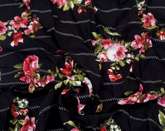 Black Red Pink Green Flowers Rayon Challis Fabric