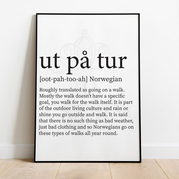 ut på tur Norwegian definition print, out on a hike, outdoor inspired decor