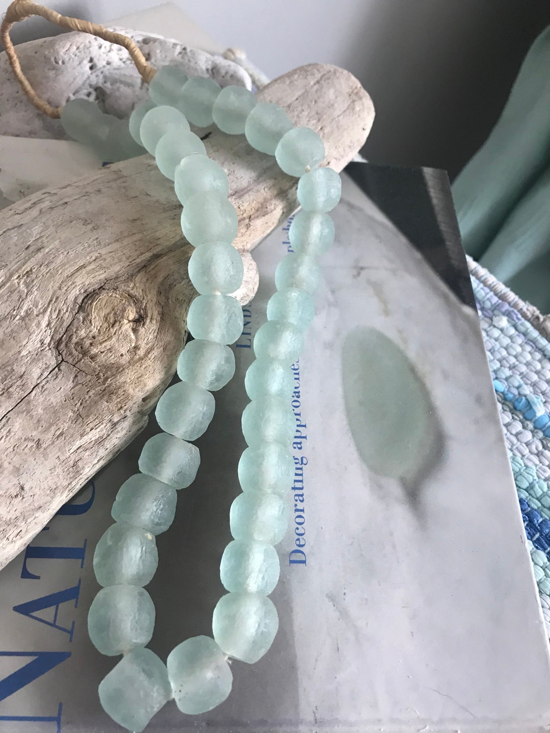 Aqua Sea Glass Bead Garland Recycled Glass Beads Coastal Etsy