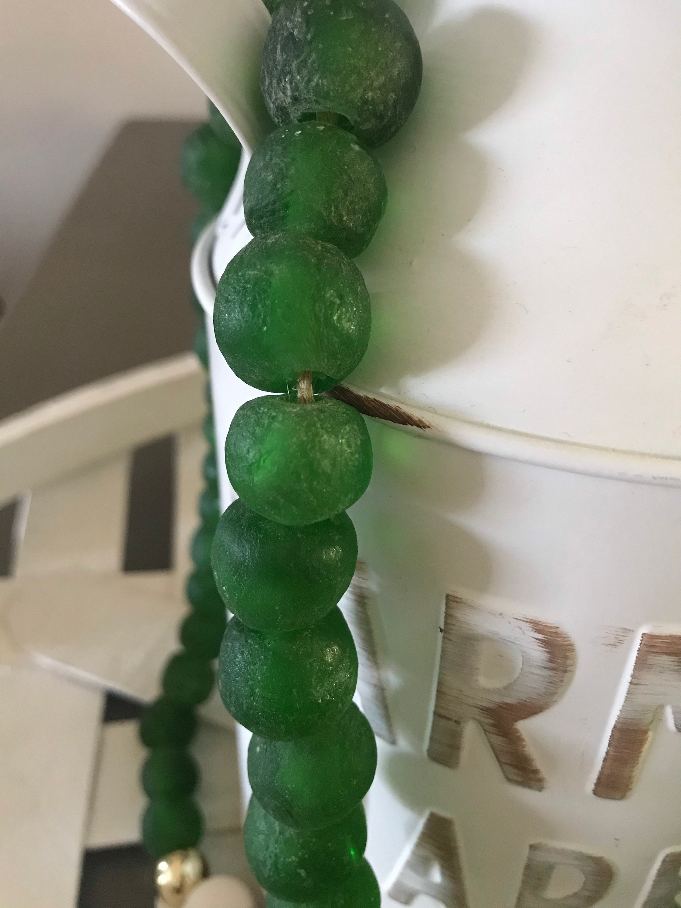 Green glass bead garland Recycled glass beads Farmhouse bead Etsy