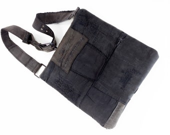 Bolso tote vintage francés negro de piel de topo reutilizado: bolso de hombro desgastado para uso laboral.