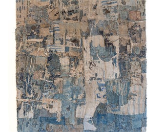 Arte mural textil de algodón desgastado con patchwork índigo y boro de estilo japonés Edo Meiji 003